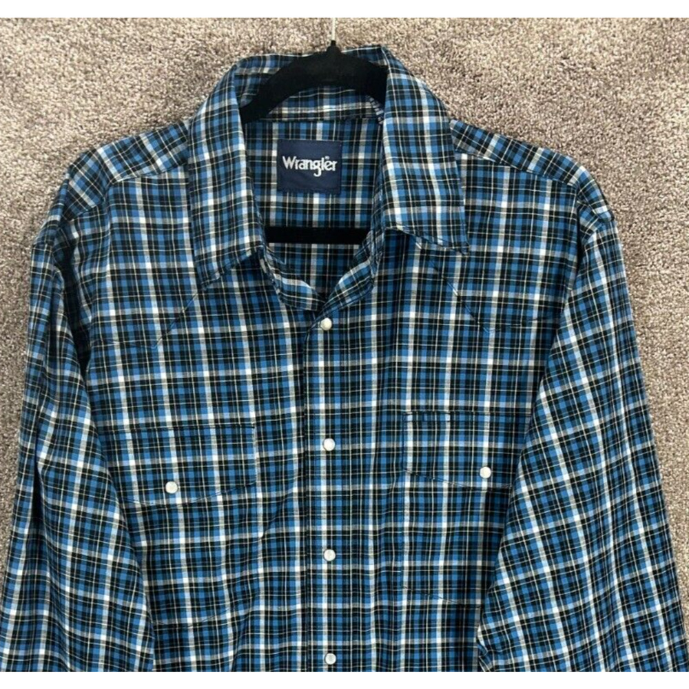 Wrangler‎ Shirt Mens Large Blue Plaid Pearl Snap Long Sleeve Pockets Western